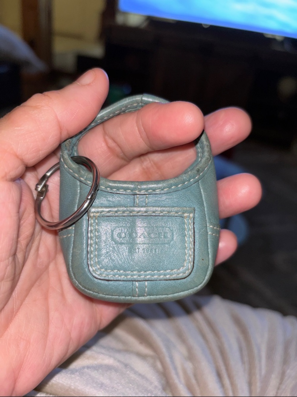 Small Teal Leather Mini COACH Purse Keychain